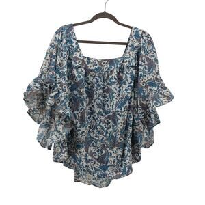 Terry & Sky 2X 20W-22W Blouse Paisley Print Ruffle Blue Cute